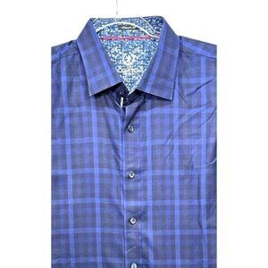 Bugatchi Uomo Mens XL Button-Up Long Sleeve Shirt Blue Plaid Classic Fit Collar